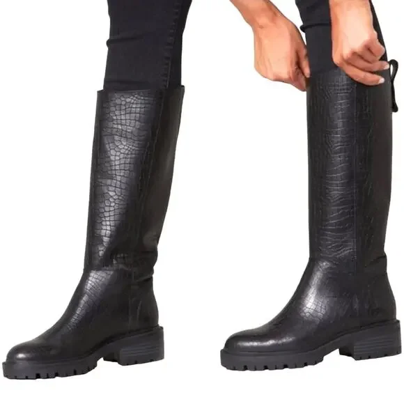 Paige Bella Black Tall/Knee High Boots Sz 9.5 Croc Embossed Leather Lug Sole New